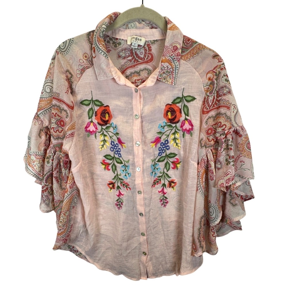 Umgee Pink Paisley Floral Embroidered Ruffle Sleeve Button Down Top Small